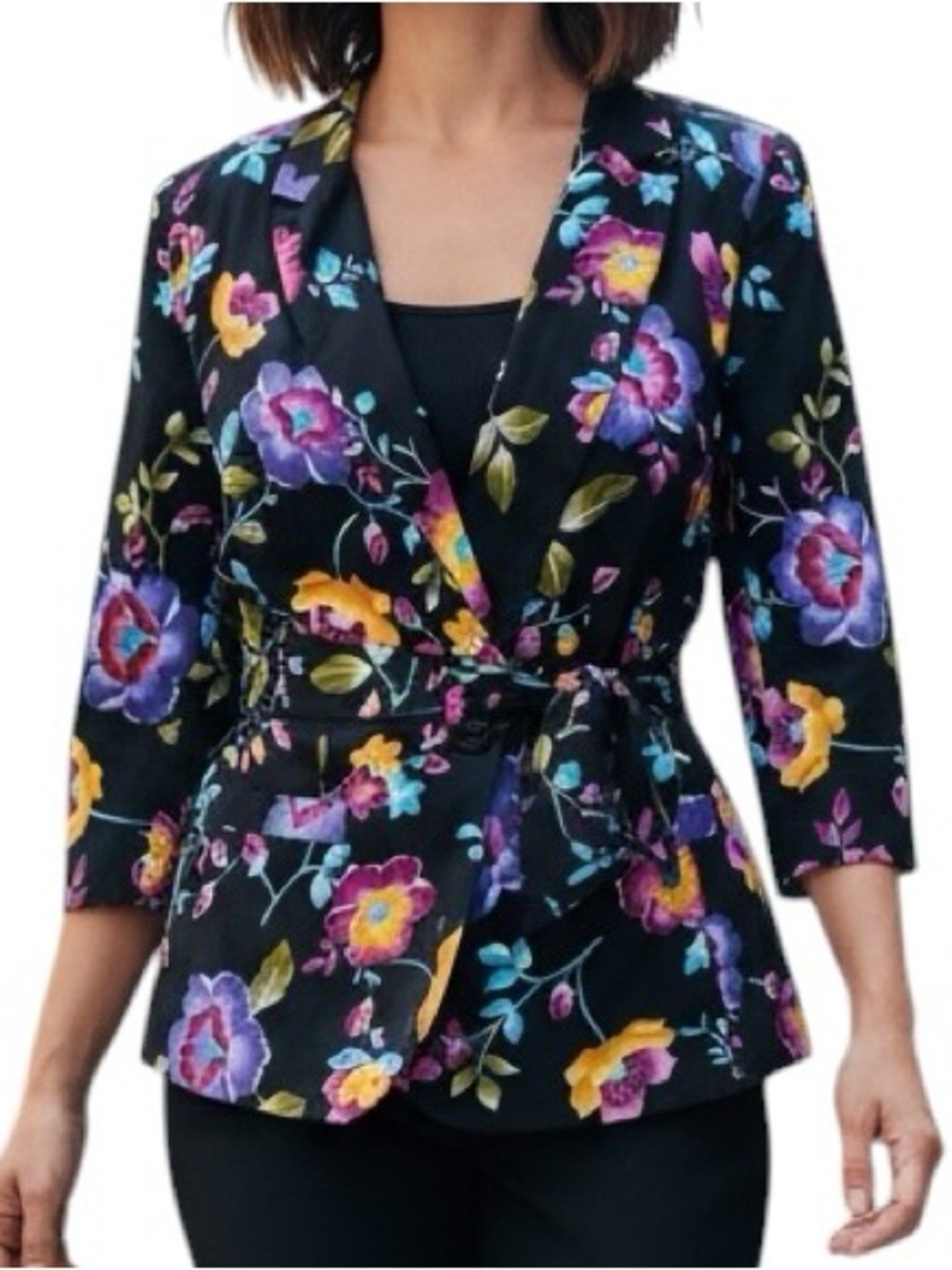 Notations Black Floral Blazer Purple, Yellow & Teal Accents size LP 3/4 Sleeves